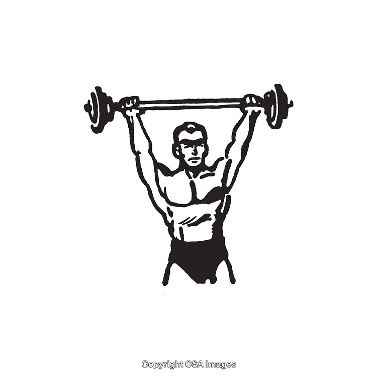 Black and White Illustration of a Man Lifting a Barbell Overhead