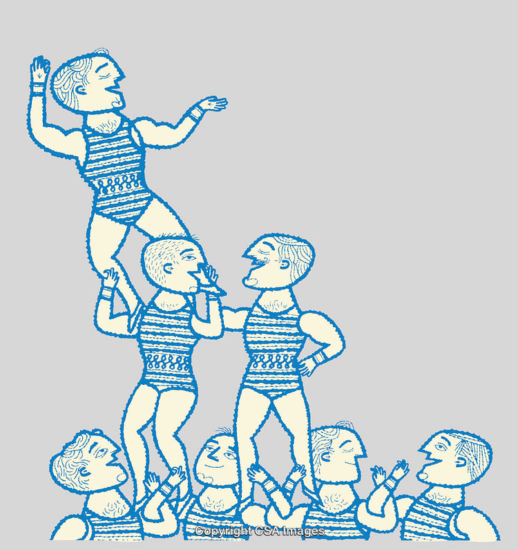 Acrobatic Group in Vintage Blue Line Art Performing Human Pyramid