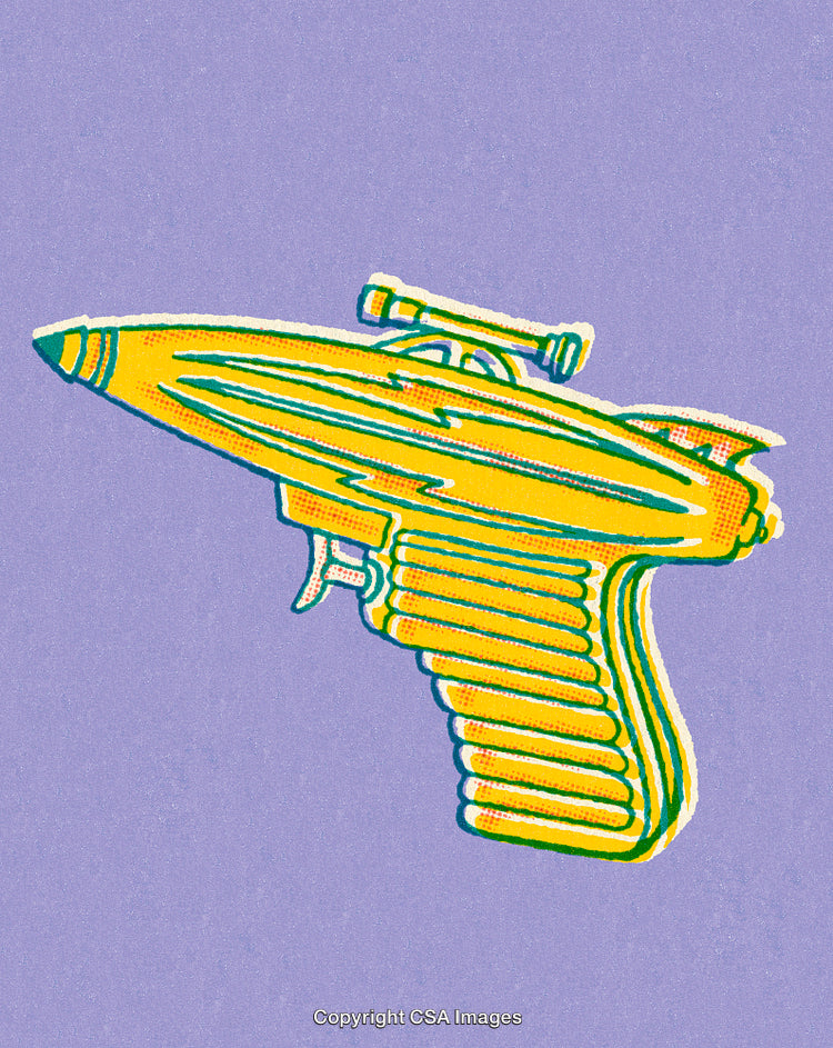 Retro Yellow Toy Ray Gun Illustration on a Vibrant Purple Background