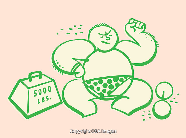 Playful Cartoon Illustration of Strongman Lifting Weight in Line Art Style