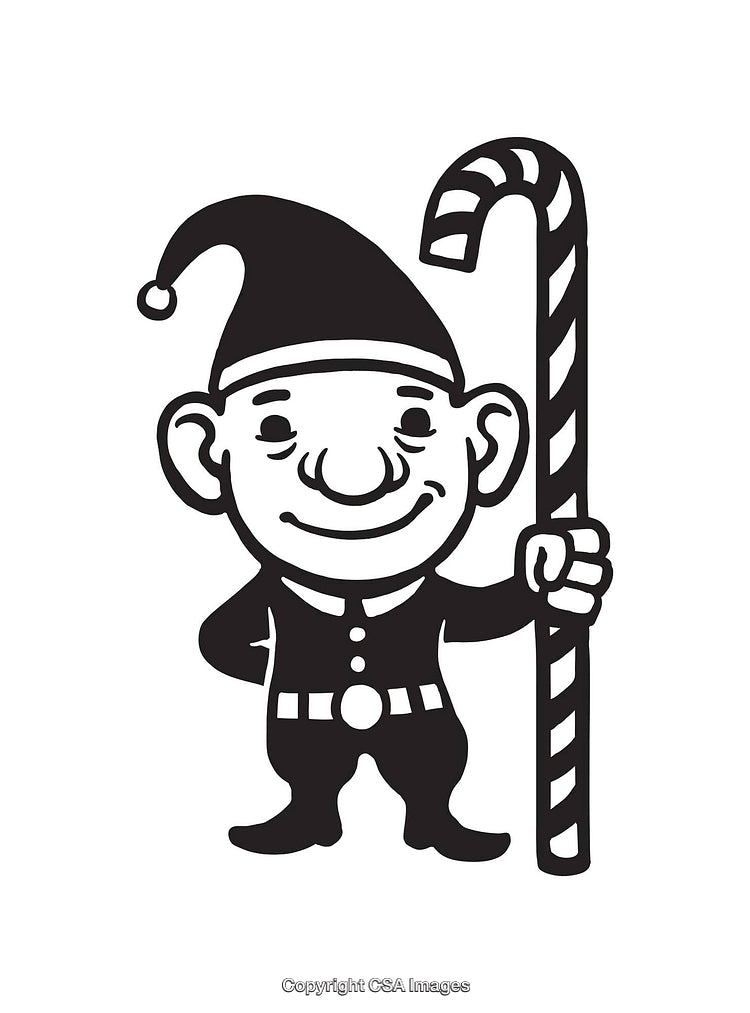 Festive Elf Holding Candy Cane in Black and White Line Art