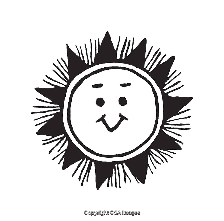 Smiling Sun Illustration in Black and White Line Art Style