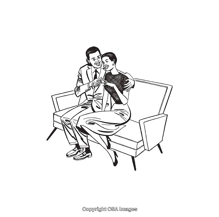 Vintage Couple Relaxing on a Sofa in Black and White Line Art