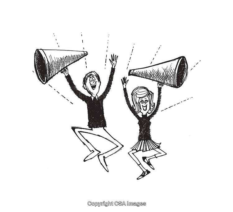 Jumping Cheerleaders with Megaphones in Black and White Line Art