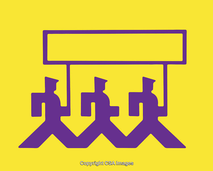 Abstract Illustration of Three Figures Carrying a Sign on a Yellow Background
