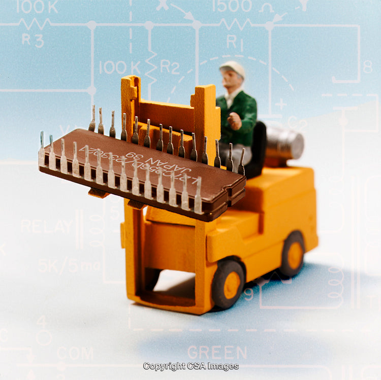 Miniature Forklift Toy Lifting a Microchip on Circuit Diagram Background