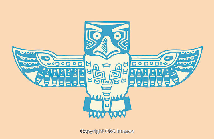 Traditional Native-Inspired Blue Patterned Thunderbird Line Art on Beige Background