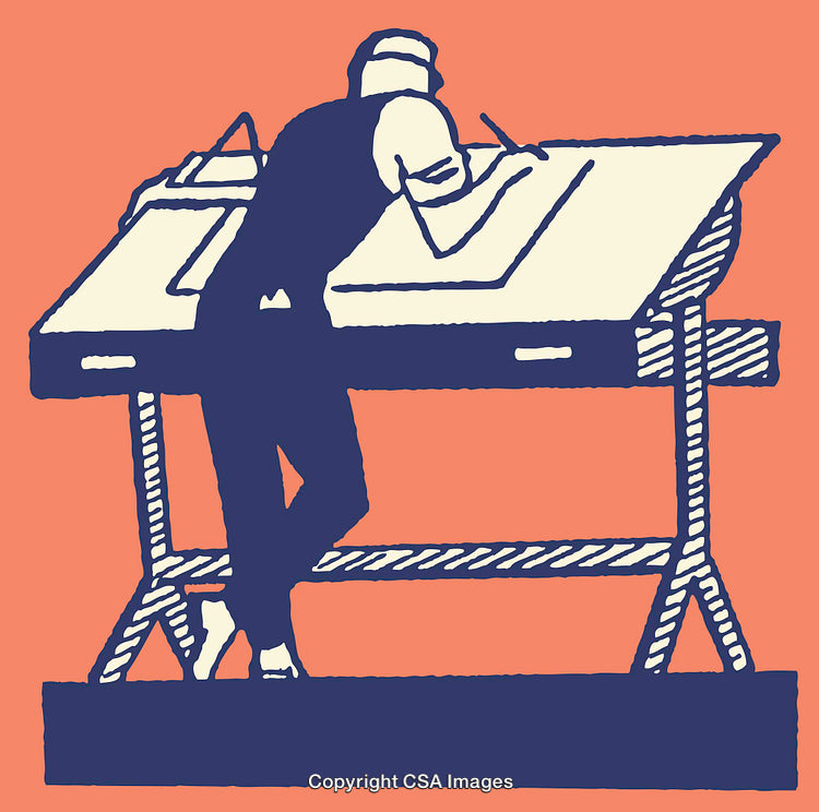 Illustration of a Person Working at a Drafting Table in Retro Style