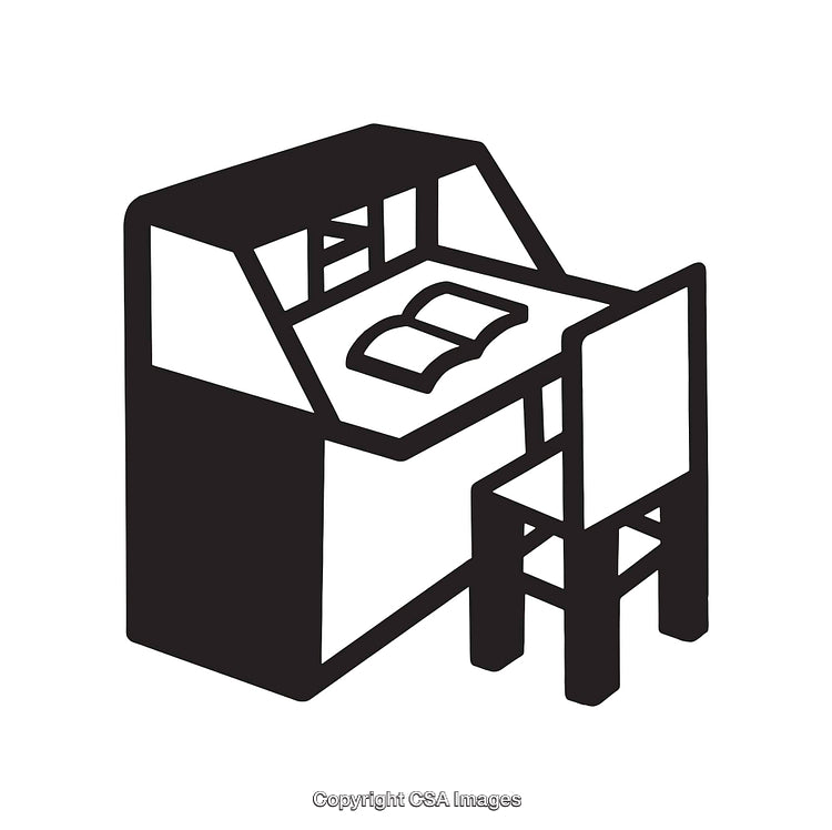 Black And White Illustration of a Desk with an Open Book