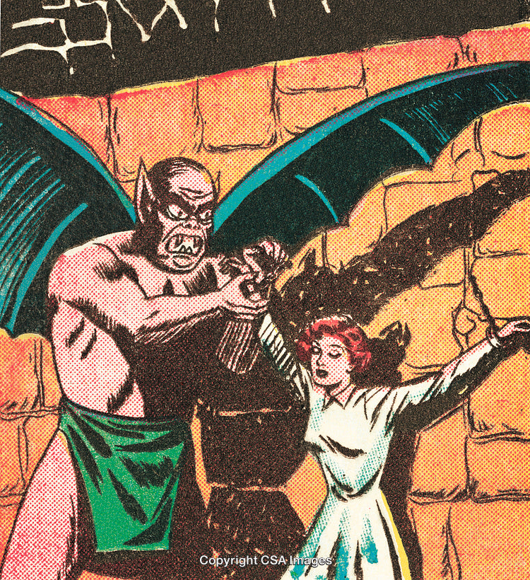Vintage Comic Style Scene Featuring a Monster and a Damsel in Distress