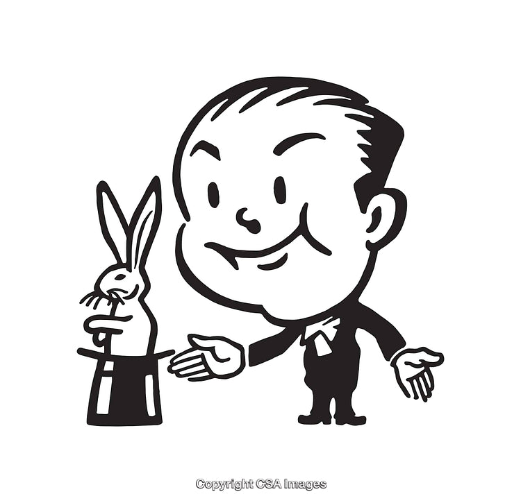 Vintage Black and White Illustration of a Magician With Rabbit and Top Hat