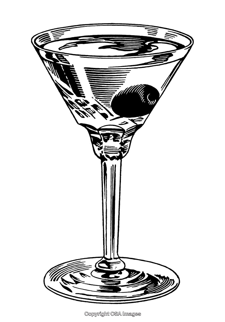 Detailed Black and White Engraving of a Martini Glass with an Olive