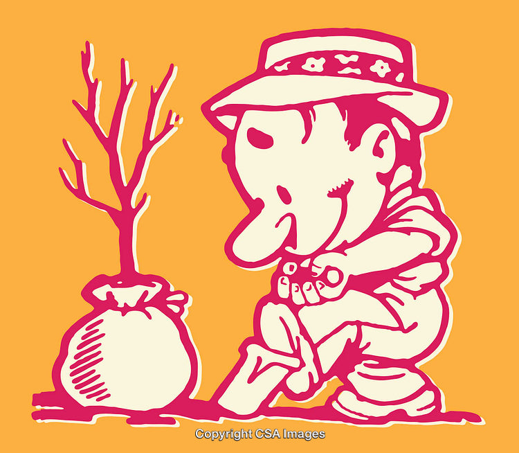 Colorful Line Art Illustration of a Character Planting a Tree