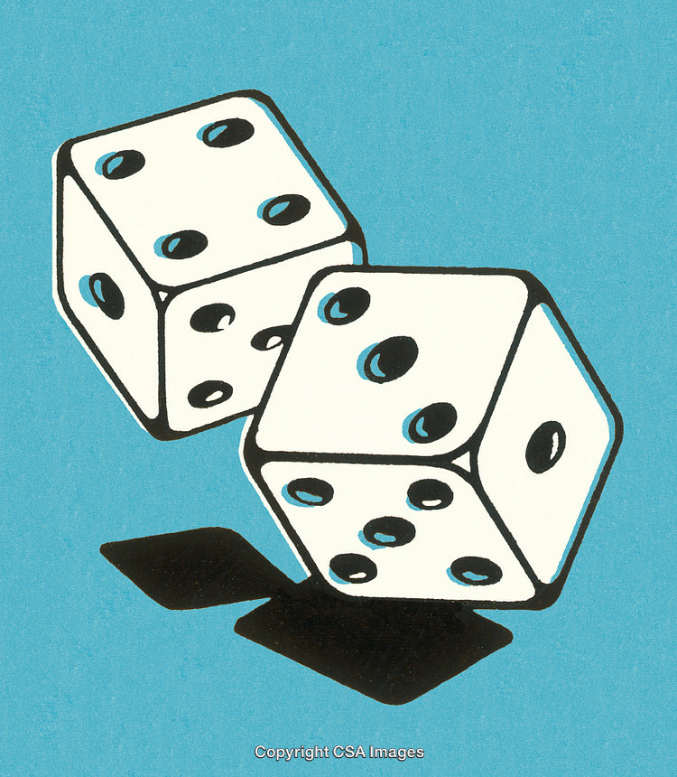 Artistic Illustration of Two Dice Against a Blue Background with Shadows