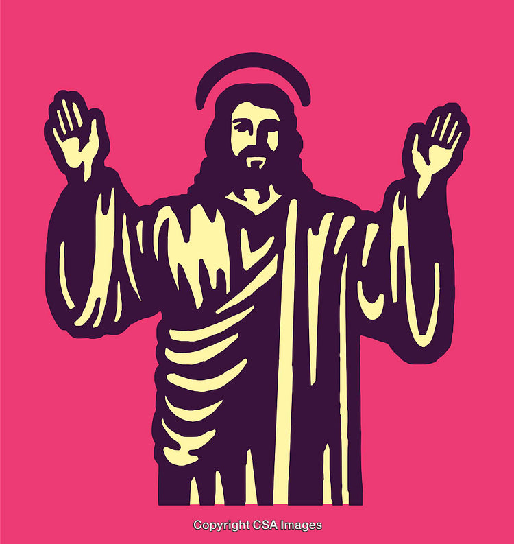 Colorful Line Art Illustration of a Religious Figure with Uplifted Arms
