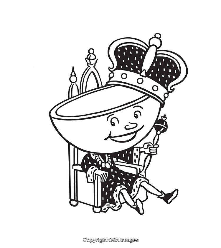 Charming King Bowl Cartoon Line Art Illustration on Throne