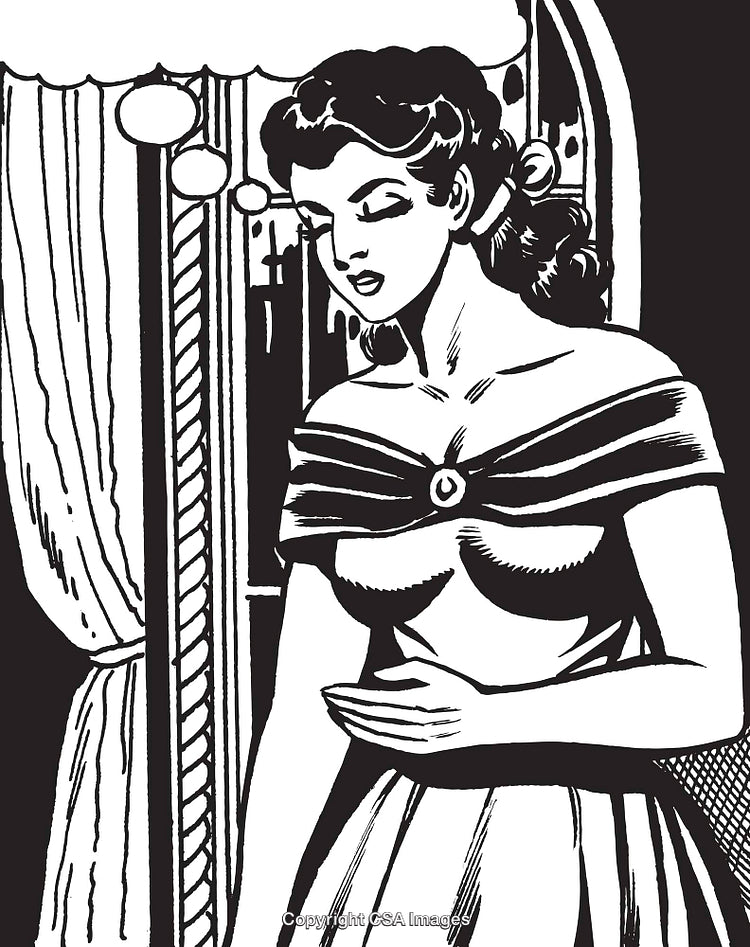 Vintage Illustration of a Woman in a Classic Dress Near a Window