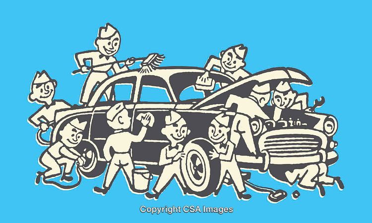 Cartoon Characters Working Together Around an Automobile in Vintage Style