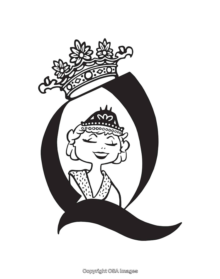 Elegant Line Art Illustration Featuring a Crowned Queen with Graceful Details
