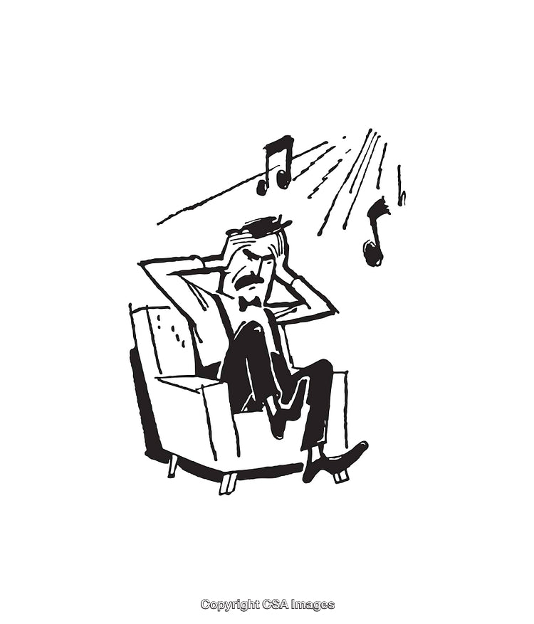 Black and White Illustration of Man Covering His Ears From Noise