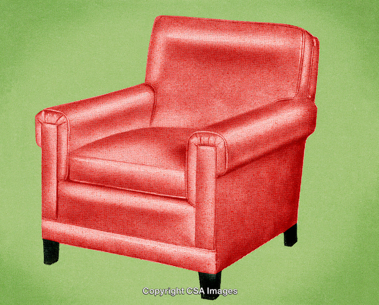 Vintage Red Armchair On Textured Green Background in Retro Style