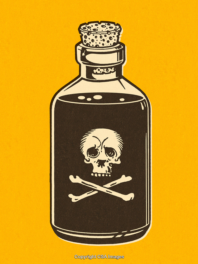 Vintage Poison Bottle With Skull and Crossbones Illustration on Yellow Background