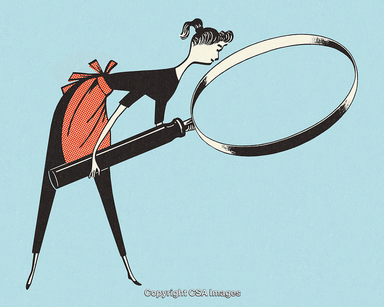 Retro Style Woman Examining with a Giant Magnifying Glass on Blue Background