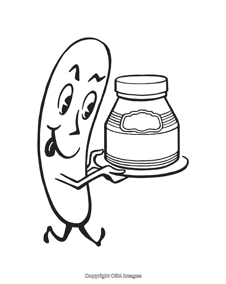 Cheerful Pickle Character Holding a Jar in Black And White Line Art