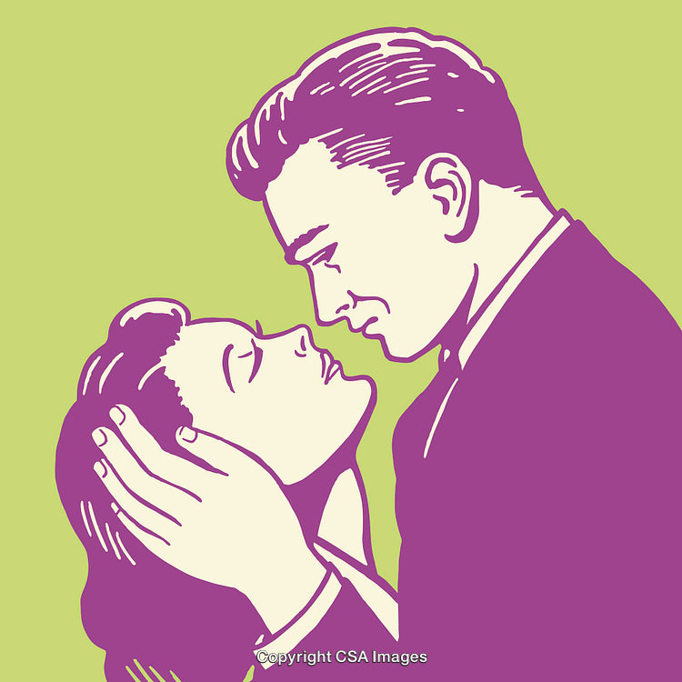 Retro Style Romantic Couple Embracing in Vintage Color Line Art