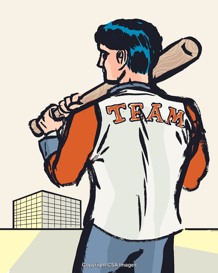 Retro Baseball Player Standing With a Bat Against an Urban Background