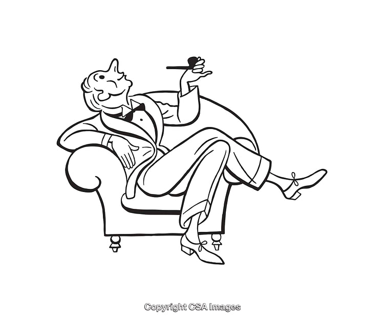 Elegant Gentleman Relaxing on Armchair Holding a Smoking Pipe Line Art