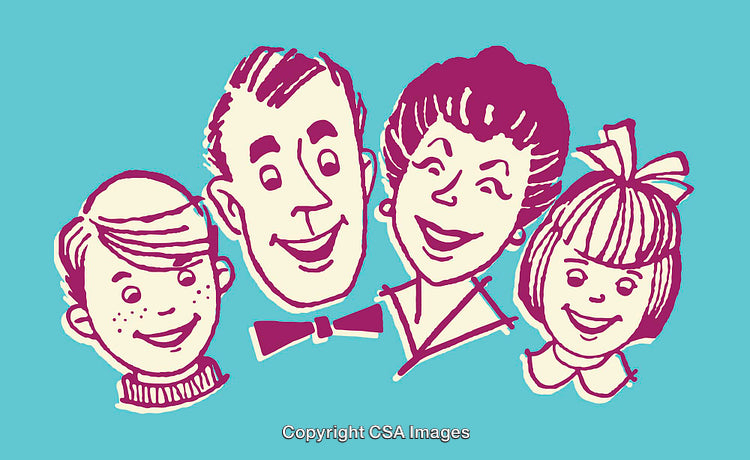 Retro Style Family Illustration with Smiling Faces in Vibrant Colors