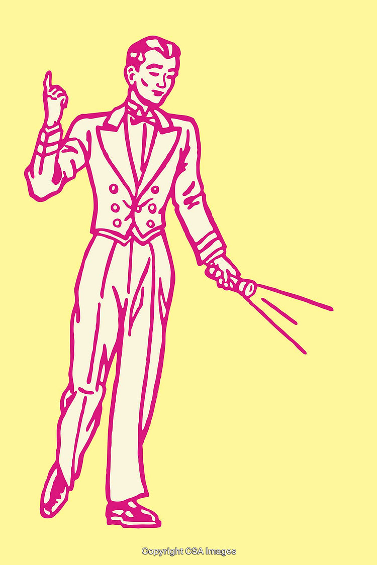 Vintage Illustration of a Man in Formal Suit Gesturing Dynamically
