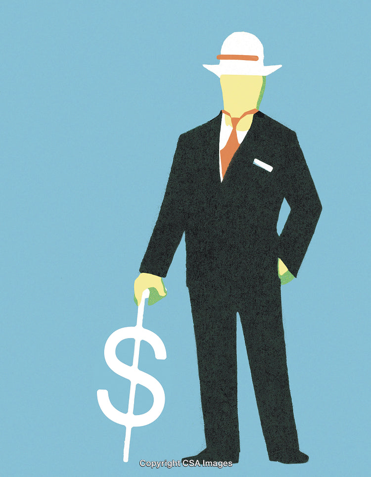 Businessman with Dollar Cane and Hat Against Blue Background
