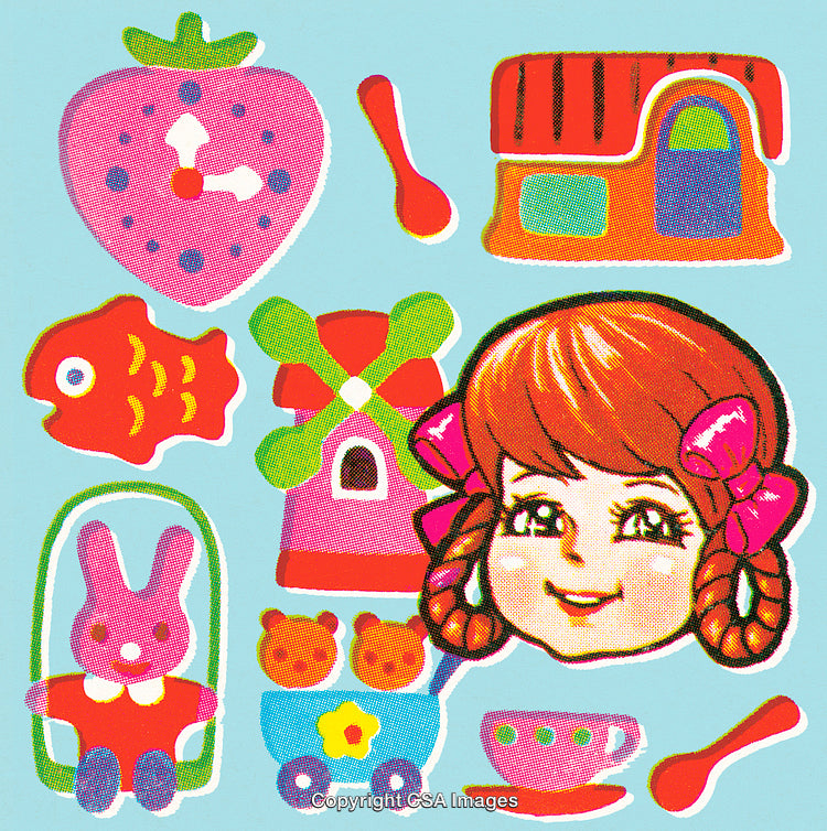 Colorful Retro Style Illustration with Toys, Strawberry Clock, and Cheerful Girl