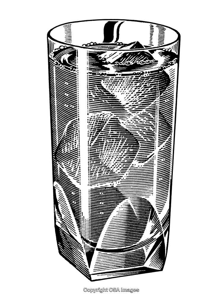 Intricate Black and White Engraving of a Glass With Ice Cubes