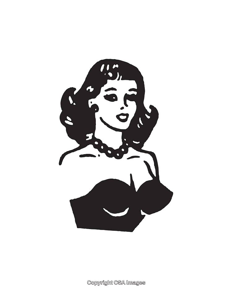 Retro Black and White Line Art of a Woman with Jewelry