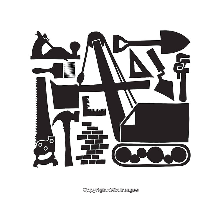 Black and White Line Art of Various Construction Tools and Equipment