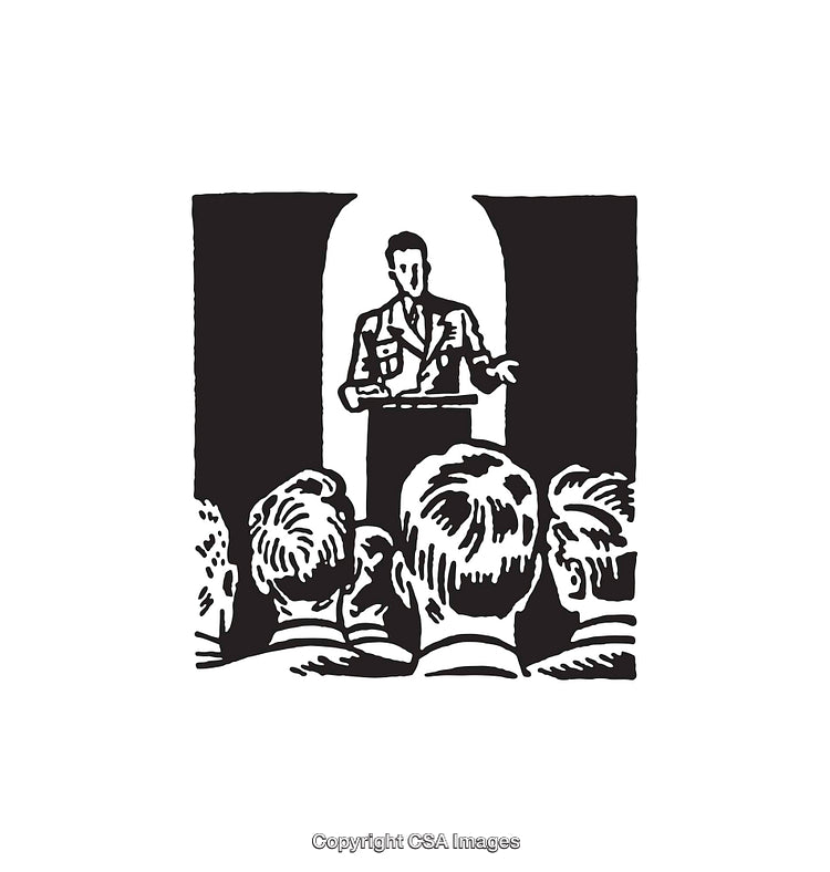 Monochrome Line Art Illustration of a Speaker Addressing an Audience