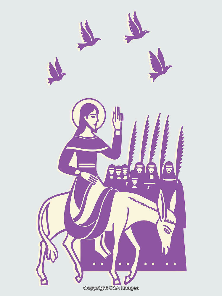 Palm Sunday Illustration Featuring Jesus on a Donkey with Followers