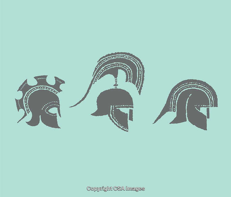 Ancient Greek Helmets Line Art Illustrations on Light Background