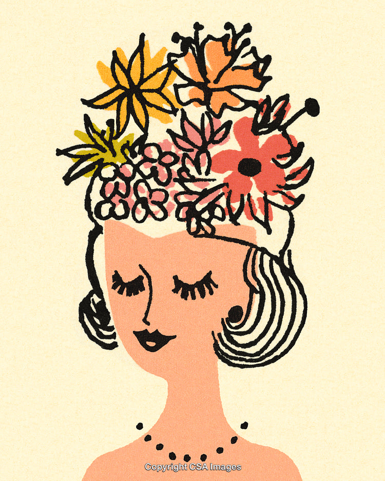 Stylized Woman Portrait with Floral Headpiece in Vibrant Artistic Design