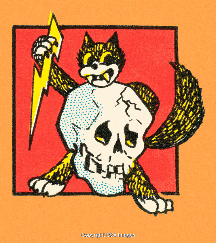 Illustration of a Fierce Cat with Lightning Bolt and Skull on Vibrant Background