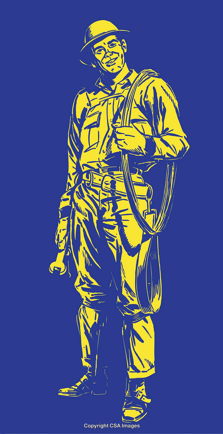 Yellow and Blue Illustration of a Worker with Tools in Retro Style