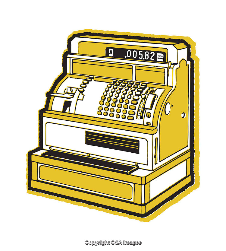 Yellow Retro Cash Register Illustration with Vintage Style Detailing