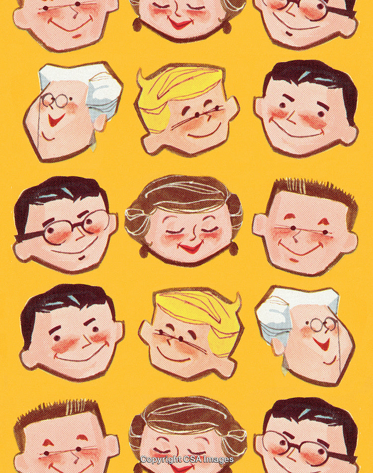 Retro Illustration Featuring Smiling Faces in Bright Fun Colors