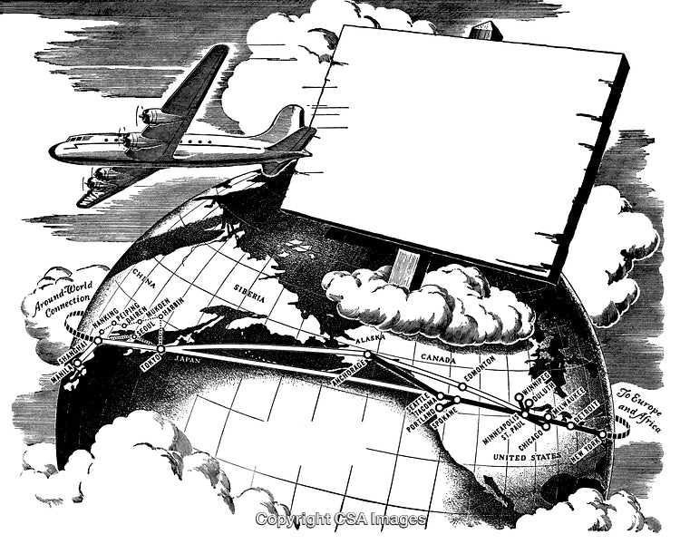 Vintage Black and White Illustration of Global Airline Routes
