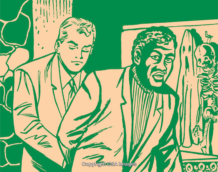 Retro Comic Style Illustration Depicting Two Men with a Spooky Backdrop