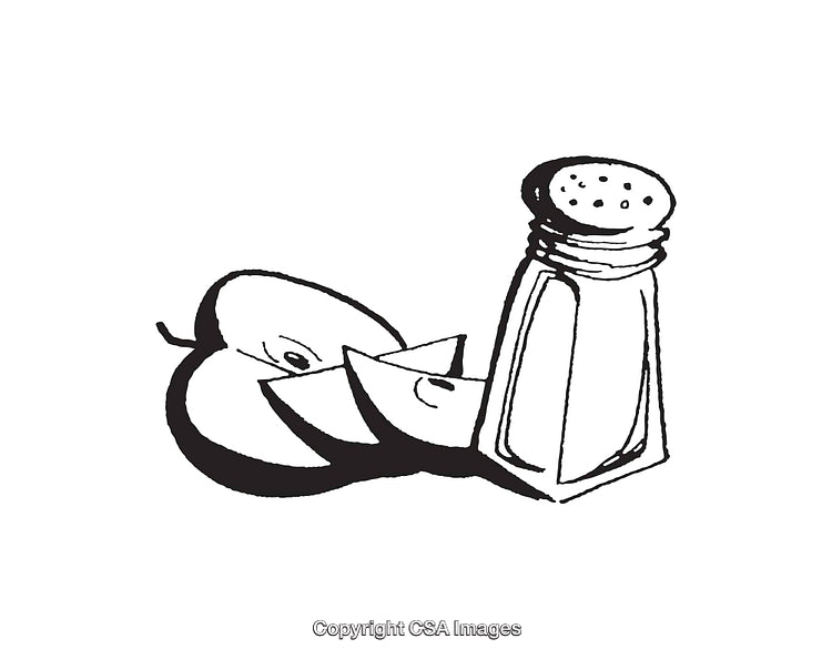 Black and White Line Art of an Apple and Salt Shaker