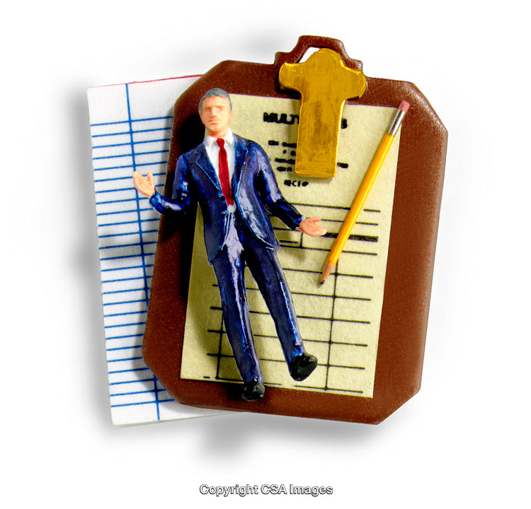 Plastic Figurine On Clipboard With Paper and Pencil In Business Theme
